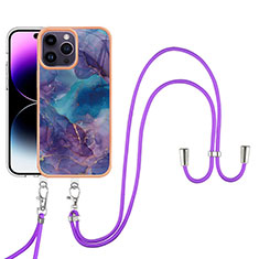 Handyhülle Silikon Hülle Gummi Schutzhülle Flexible Modisch Muster mit Schlüsselband Lanyard Y07B für Apple iPhone 14 Pro Max Violett
