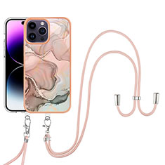 Handyhülle Silikon Hülle Gummi Schutzhülle Flexible Modisch Muster mit Schlüsselband Lanyard Y07B für Apple iPhone 14 Pro Rosa