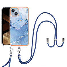 Handyhülle Silikon Hülle Gummi Schutzhülle Flexible Modisch Muster mit Schlüsselband Lanyard Y07B für Apple iPhone 15 Plus Blau