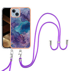 Handyhülle Silikon Hülle Gummi Schutzhülle Flexible Modisch Muster mit Schlüsselband Lanyard Y07B für Apple iPhone 15 Violett