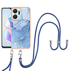 Handyhülle Silikon Hülle Gummi Schutzhülle Flexible Modisch Muster mit Schlüsselband Lanyard Y07B für Huawei Honor X7a Blau