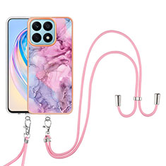 Handyhülle Silikon Hülle Gummi Schutzhülle Flexible Modisch Muster mit Schlüsselband Lanyard Y07B für Huawei Honor X8a 4G Helles Lila