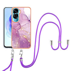 Handyhülle Silikon Hülle Gummi Schutzhülle Flexible Modisch Muster mit Schlüsselband Lanyard YB5 für Huawei Honor 90 Lite 5G Helles Lila