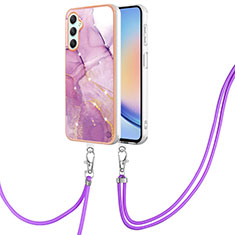 Handyhülle Silikon Hülle Gummi Schutzhülle Flexible Modisch Muster mit Schlüsselband Lanyard YB5 für Samsung Galaxy A24 4G Helles Lila