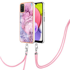 Handyhülle Silikon Hülle Gummi Schutzhülle Flexible Modisch Muster mit Schlüsselband Lanyard YB7 für Samsung Galaxy A03s Helles Lila