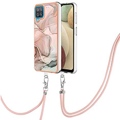 Handyhülle Silikon Hülle Gummi Schutzhülle Flexible Modisch Muster mit Schlüsselband Lanyard YB7 für Samsung Galaxy A12 Rosa