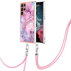 Handyhülle Silikon Hülle Gummi Schutzhülle Flexible Modisch Muster mit Schlüsselband Lanyard YB7 für Samsung Galaxy S23 Ultra 5G Helles Lila