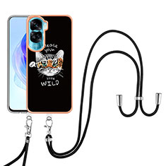 Handyhülle Silikon Hülle Gummi Schutzhülle Flexible Modisch Muster mit Schlüsselband Lanyard YB8 für Huawei Honor 90 Lite 5G Schwarz