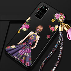 Handyhülle Silikon Hülle Gummi Schutzhülle Flexible Motiv Kleid Mädchen für Huawei Honor V30 Pro 5G Violett und Schwarz