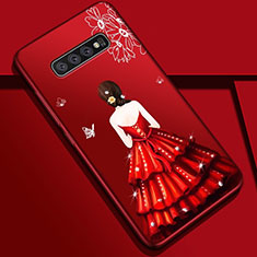 Handyhülle Silikon Hülle Gummi Schutzhülle Flexible Motiv Kleid Mädchen K01 für Samsung Galaxy S10 Rot