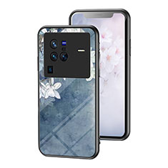 Handyhülle Silikon Hülle Rahmen Schutzhülle Spiegel Blumen für Vivo X80 Pro 5G Blau