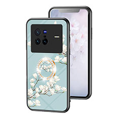 Handyhülle Silikon Hülle Rahmen Schutzhülle Spiegel Blumen S01 für Vivo X80 5G Cyan