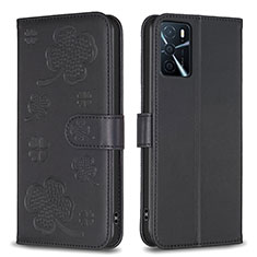 Handytasche Stand Schutzhülle Flip Leder Hülle Blumen BF1 für Oppo A16 Schwarz