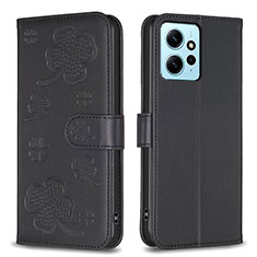 Handytasche Stand Schutzhülle Flip Leder Hülle Blumen BF1 für Xiaomi Redmi Note 12 4G Schwarz