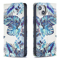 Handytasche Stand Schutzhülle Flip Leder Hülle Blumen für Apple iPhone 13 Mini Blau