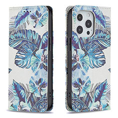 Handytasche Stand Schutzhülle Flip Leder Hülle Blumen für Apple iPhone 13 Pro Blau