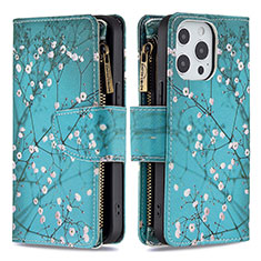 Handytasche Stand Schutzhülle Flip Leder Hülle Blumen für Apple iPhone 13 Pro Max Cyan