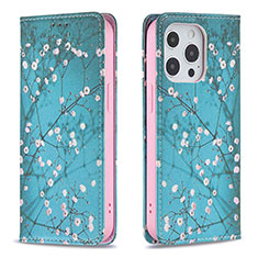 Handytasche Stand Schutzhülle Flip Leder Hülle Blumen für Apple iPhone 13 Pro Max Hellblau