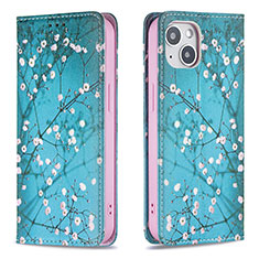 Handytasche Stand Schutzhülle Flip Leder Hülle Blumen für Apple iPhone 14 Cyan