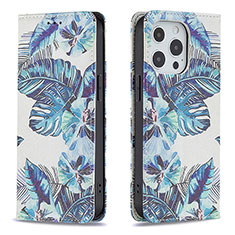 Handytasche Stand Schutzhülle Flip Leder Hülle Blumen für Apple iPhone 15 Pro Blau