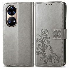 Handytasche Stand Schutzhülle Flip Leder Hülle Blumen für Huawei P50 Grau