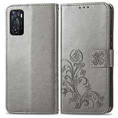 Handytasche Stand Schutzhülle Flip Leder Hülle Blumen für Oppo A55S 5G Grau