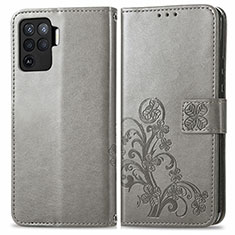 Handytasche Stand Schutzhülle Flip Leder Hülle Blumen für Oppo A94 4G Grau