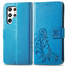 Handytasche Stand Schutzhülle Flip Leder Hülle Blumen für Samsung Galaxy S21 Ultra 5G Blau