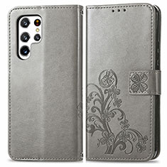 Handytasche Stand Schutzhülle Flip Leder Hülle Blumen für Samsung Galaxy S24 Ultra 5G Grau