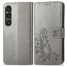 Handytasche Stand Schutzhülle Flip Leder Hülle Blumen für Sony Xperia 1 V Grau