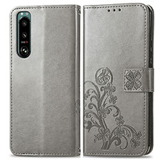 Handytasche Stand Schutzhülle Flip Leder Hülle Blumen für Sony Xperia 5 III SO-53B Grau