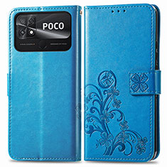 Handytasche Stand Schutzhülle Flip Leder Hülle Blumen für Xiaomi Poco C40 Blau