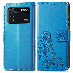 Handytasche Stand Schutzhülle Flip Leder Hülle Blumen für Xiaomi Poco M4 Pro 4G Blau