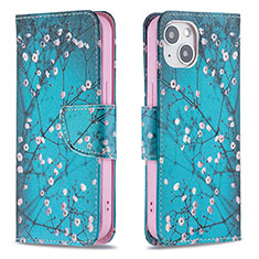 Handytasche Stand Schutzhülle Flip Leder Hülle Blumen L01 für Apple iPhone 14 Cyan