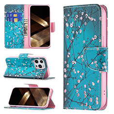 Handytasche Stand Schutzhülle Flip Leder Hülle Blumen L02 für Apple iPhone 14 Pro Max Cyan