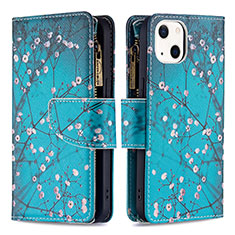 Handytasche Stand Schutzhülle Flip Leder Hülle Blumen L03 für Apple iPhone 13 Cyan