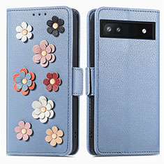 Handytasche Stand Schutzhülle Flip Leder Hülle Blumen S02D für Google Pixel 6a 5G Blau