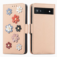 Handytasche Stand Schutzhülle Flip Leder Hülle Blumen S02D für Google Pixel 6a 5G Kahki