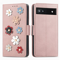 Handytasche Stand Schutzhülle Flip Leder Hülle Blumen S02D für Google Pixel 6a 5G Rosegold