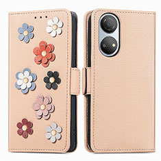 Handytasche Stand Schutzhülle Flip Leder Hülle Blumen S02D für Huawei Honor X7 Kahki