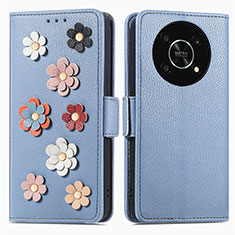 Handytasche Stand Schutzhülle Flip Leder Hülle Blumen S02D für Huawei Honor X9 5G Blau