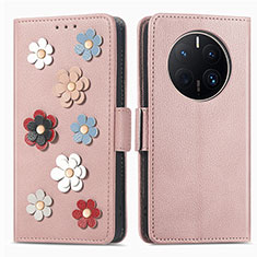 Handytasche Stand Schutzhülle Flip Leder Hülle Blumen S02D für Huawei Mate 50 Pro Rosegold