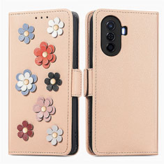 Handytasche Stand Schutzhülle Flip Leder Hülle Blumen S02D für Huawei Nova Y70 Kahki