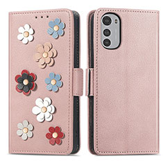 Handytasche Stand Schutzhülle Flip Leder Hülle Blumen S02D für Motorola Moto E32 Rosegold