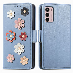 Handytasche Stand Schutzhülle Flip Leder Hülle Blumen S02D für Motorola Moto G42 Blau