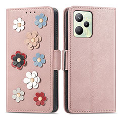 Handytasche Stand Schutzhülle Flip Leder Hülle Blumen S02D für Realme C35 Rosegold