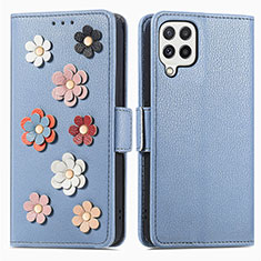 Handytasche Stand Schutzhülle Flip Leder Hülle Blumen S02D für Samsung Galaxy A22 4G Blau