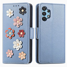 Handytasche Stand Schutzhülle Flip Leder Hülle Blumen S02D für Samsung Galaxy A32 4G Blau