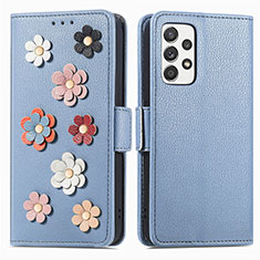 Handytasche Stand Schutzhülle Flip Leder Hülle Blumen S02D für Samsung Galaxy A52 5G Blau