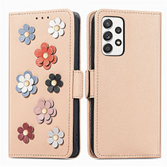 Handytasche Stand Schutzhülle Flip Leder Hülle Blumen S02D für Samsung Galaxy A52 5G Kahki